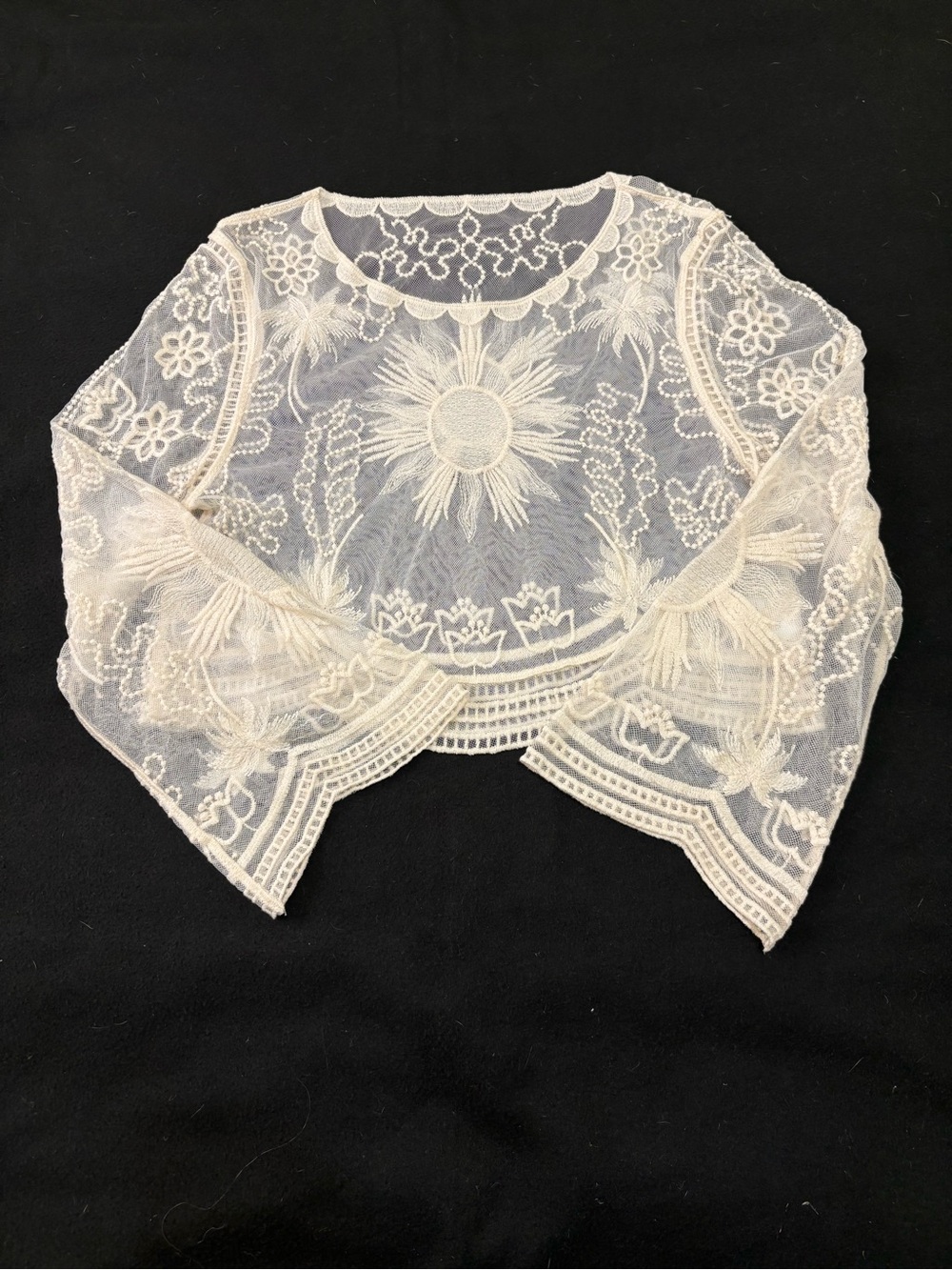 Boho sheer embroidered crop top OS long sleeve beachwear swim coverup NWOT